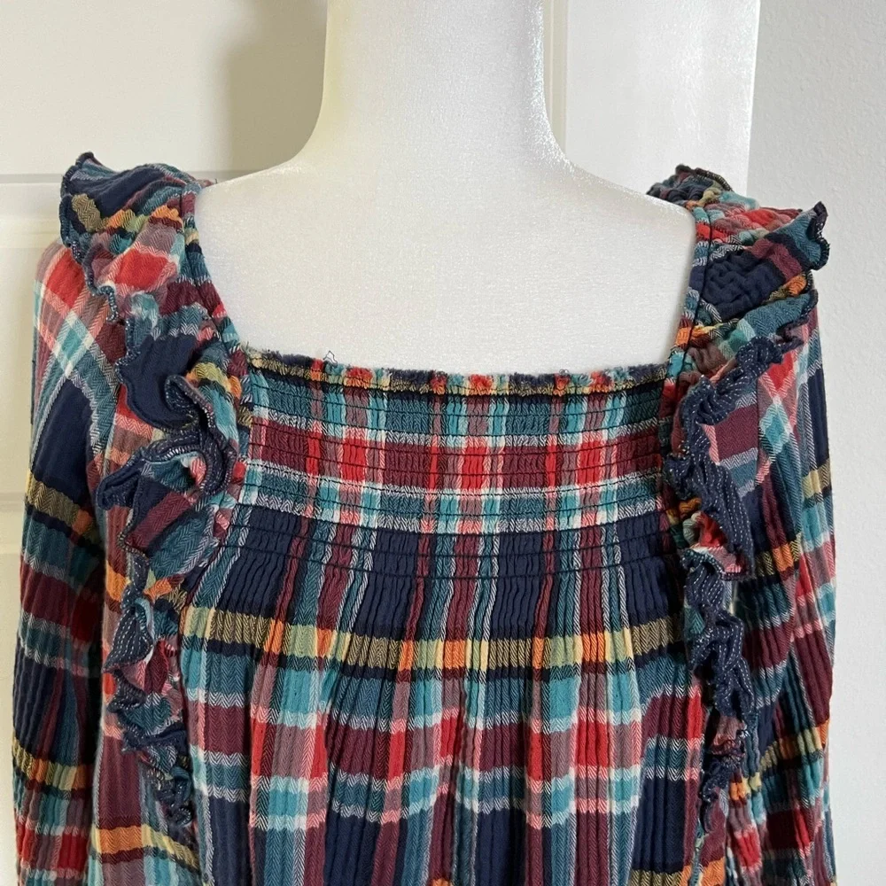 EUC Free People Multicolor Plaid Ruffle Blouse Small - Picture 6 of 12